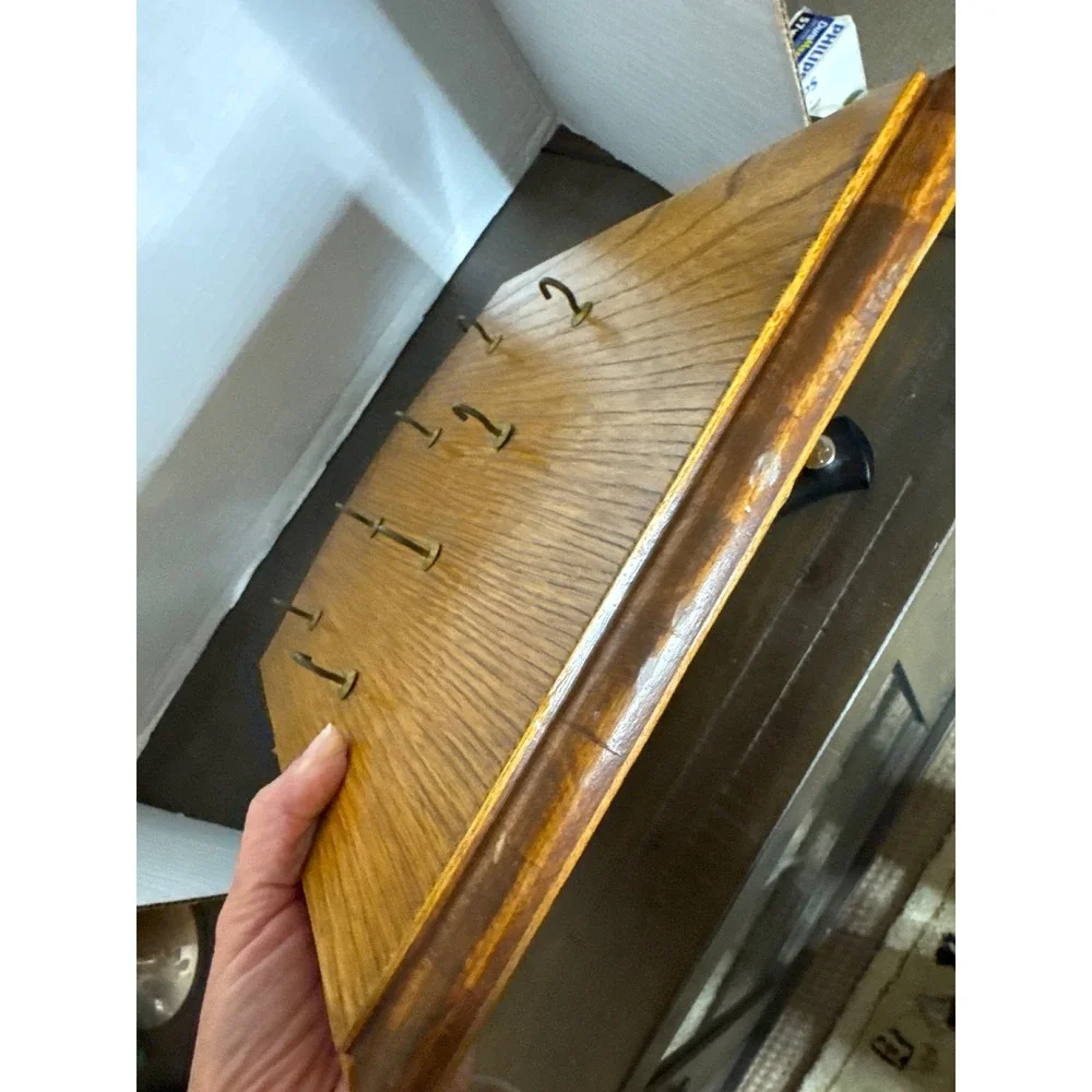 Vintage Arched Oak Wood Wall Mounted Key Rack Holder 8 Metal Hooks 12x9